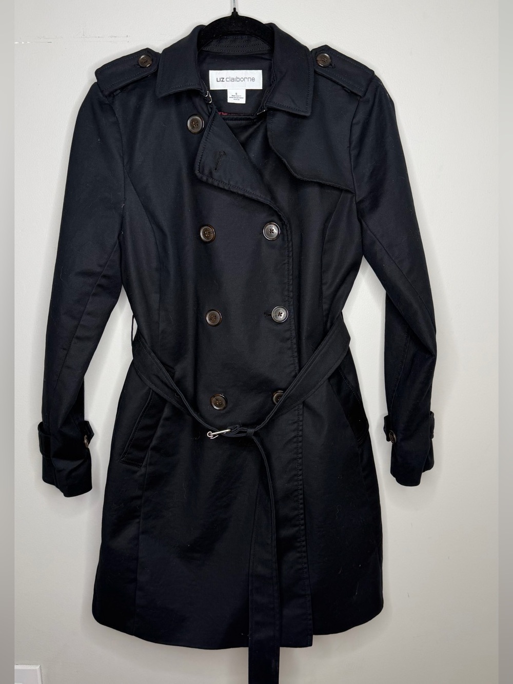 Liz Claiborne Black Double-Breasted Trench with Waist Tie Belt Winter Coat Jacke